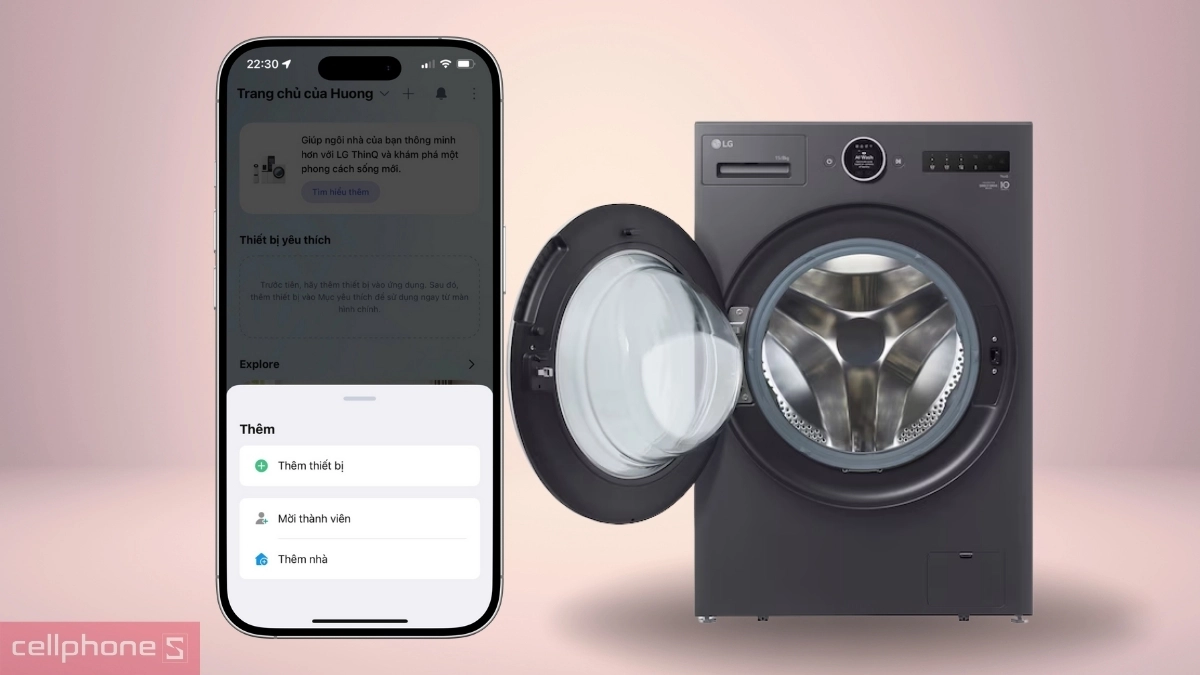 Thêm thiết bị trên ứng dụng máy giặt sấy LG Inverter giặt 15kg sấy 8kg F2515RNTG