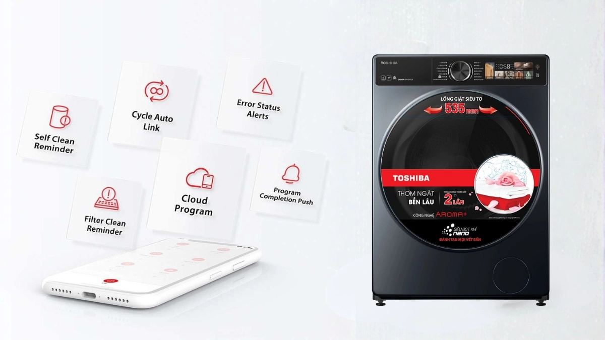 Tiện ích TSmartLife máy giặt sấy Toshiba Inverter giặt 10.5kg - sấy 7kg (TWD-T25BZU115MWV(MG))