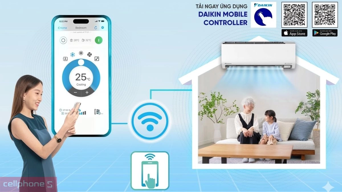 Khả năng kết nối, điều khiển qua app của máy lạnh Daikin Inverter 3 HP (FTKF71ZVMV/RKF71ZVMV)
