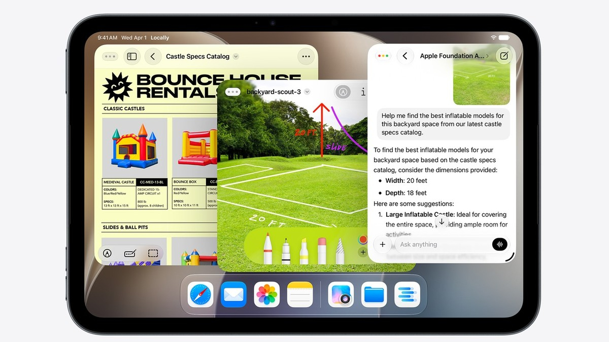 iPad mini 8 với hệ thống cửa sổ linh hoạt của iPadOS 27 cho phép mở hai cửa sổ ứng dụng trở lên cùng lúc