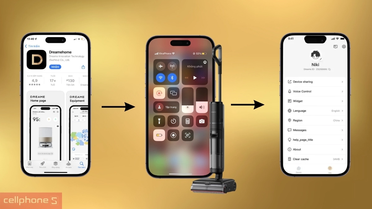 Kết nối Máy hút bụi lau nhà cầm tay Dreame H16 Flexreach với smartphone
