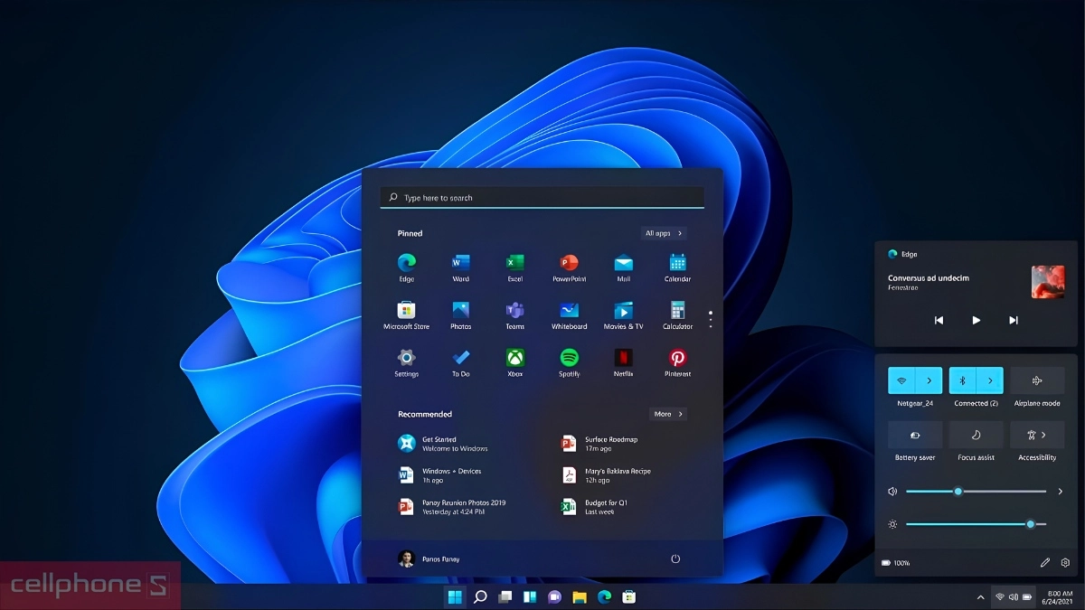 Action Center và Settings trên Windows 11