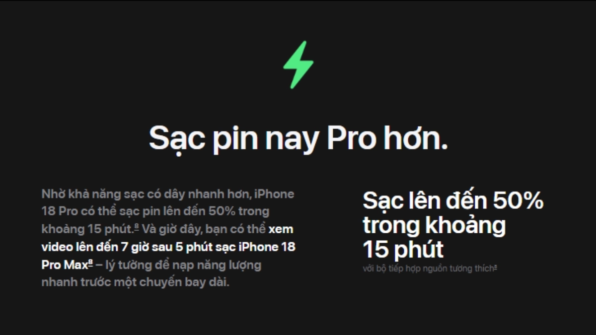 Sạc nhanh trên iPhone 18 Pro