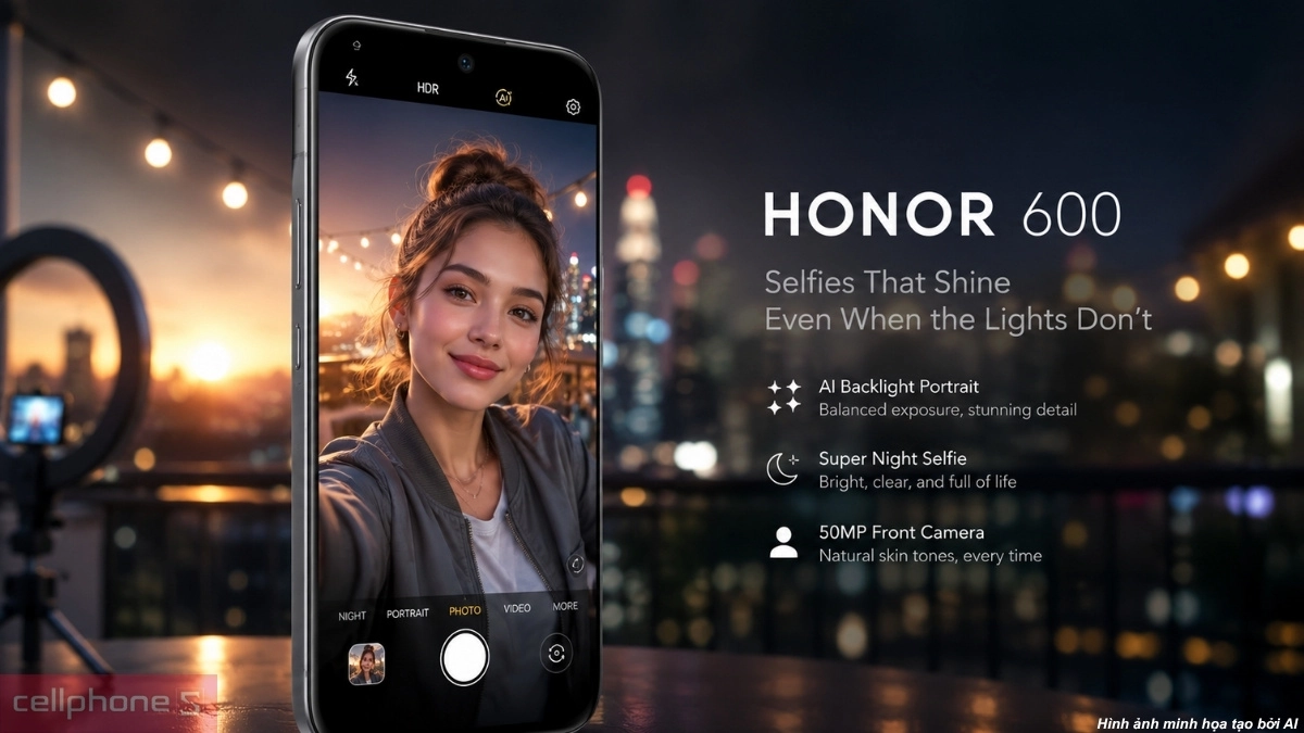 Khả năng chụp ảnh selfie ban đêm sắc nét và tự nhiên bằng camera trước của HONOR 600