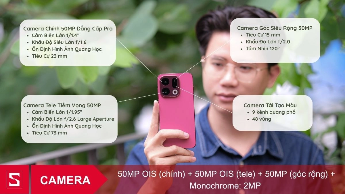 OPPO Find X9 có hệ thống 3 camera 50MP có OIS giúp chống rung quang học, hình ảnh rõ nét, ổn định hơn