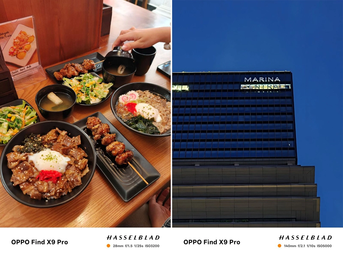 Ảnh chụp đồ ăn và ảnh chụp tòa nhà zoom từ xa của OPPO Find X9 Pro đều cho hình ảnh sắc nét