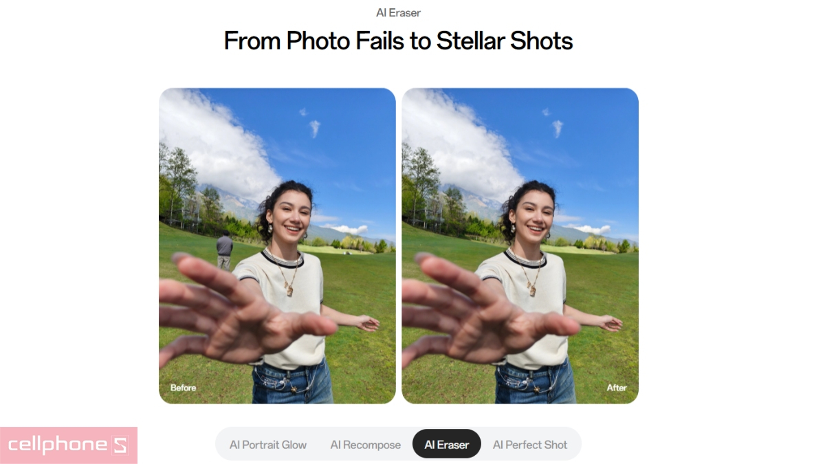 Tính năng AI Eraser trên OPPO Find X9s giúp xóa vật thể thừa và người qua đường bằng trí tuệ nhân tạo