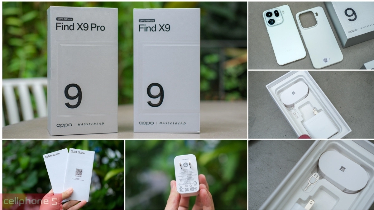 Mở hộp OPPO Find X9 Pro chính hãng màu trắng cùng ốp lưng, củ sạc, cáp và sách hướng dẫn đi kèm Mở hộp OPPO Find X9 Pro chính hãng màu trắng cùng ốp lưng, củ sạc, cáp và sách hướng dẫn đi kèm