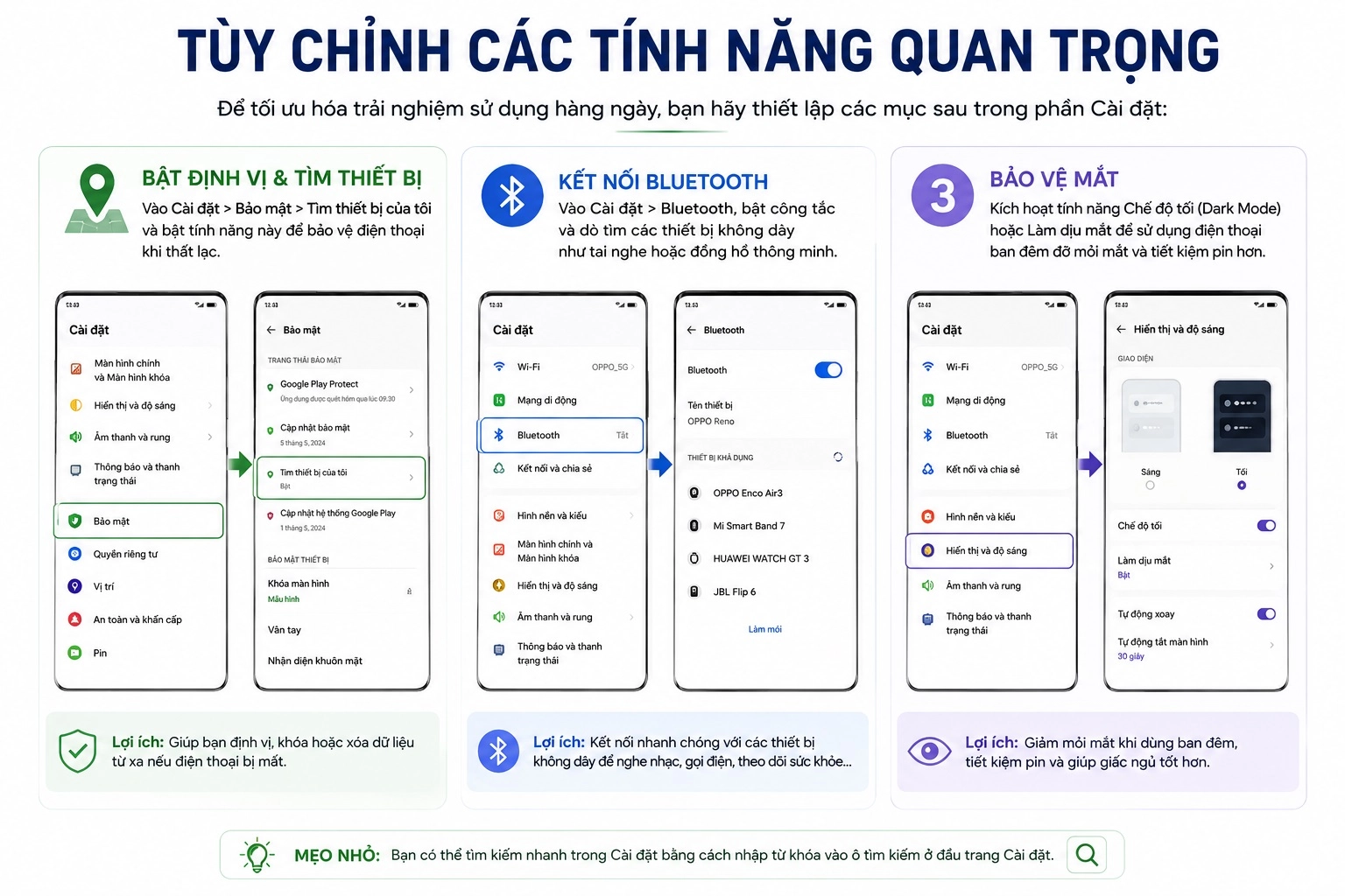 Chỉnh các tính năng quan trọng như bật định vị, kết nối bluetooth và bật bảo vệ mắt trên điện thoại OPPO