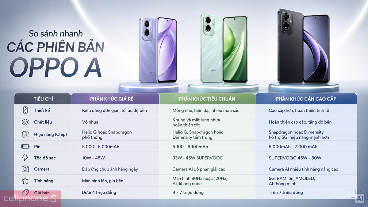 So sánh các phiên bản trong OPPO A