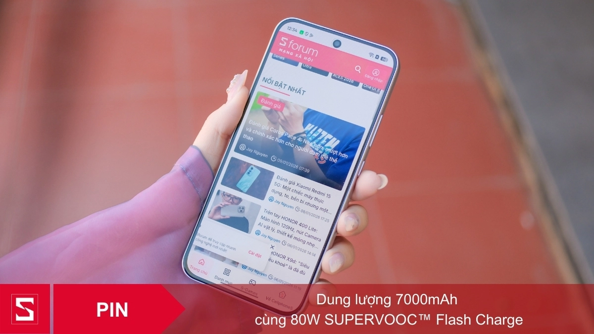 Điện thoại OPPO Reno15 F 5G sở hữu công nghệ sạc siêu nhanh SuperVOOC với công suất 45W