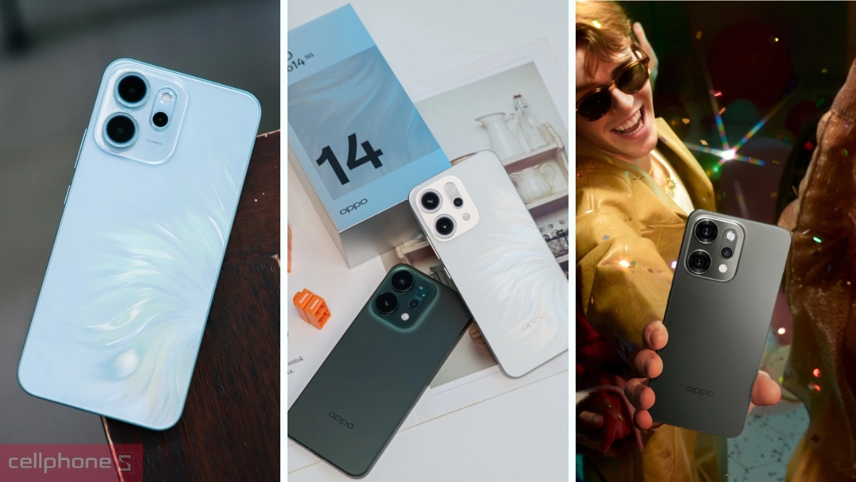 OPPO Reno14 5G được đặt cạnh Reno14 F và Reno14 Pro trong bảng so sánh