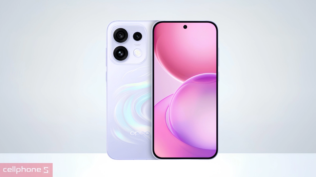 Trực diện thiết kế mặt trước và mặt sau của điện thoại OPPO Reno16 F phiên bản màu tím thời trang