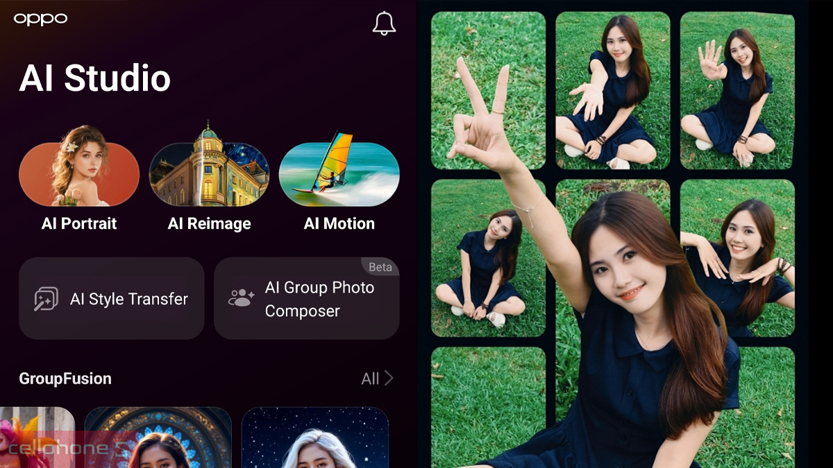 Giao diện các tính năng chỉnh ảnh thông minh trong ứng dụng AI Studio trên OPPO Reno16F Giao diện các tính năng chỉnh ảnh thông minh trong ứng dụng AI Studio trên OPPO Reno16F