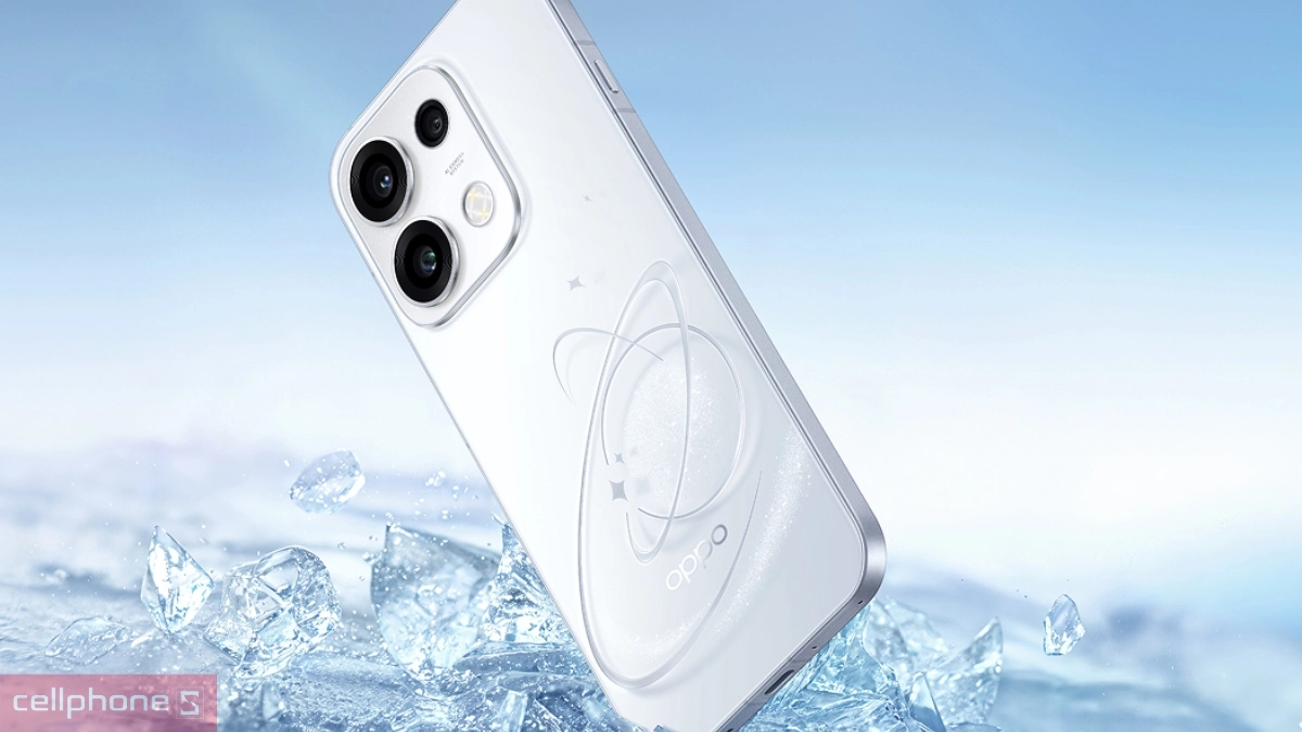 Điện thoại OPPO Reno16F màu trắng tím với thiết kế cụm camera sau và mặt lưng ấn tượng Điện thoại OPPO Reno16F màu trắng tím với thiết kế cụm camera sau và mặt lưng ấn tượng