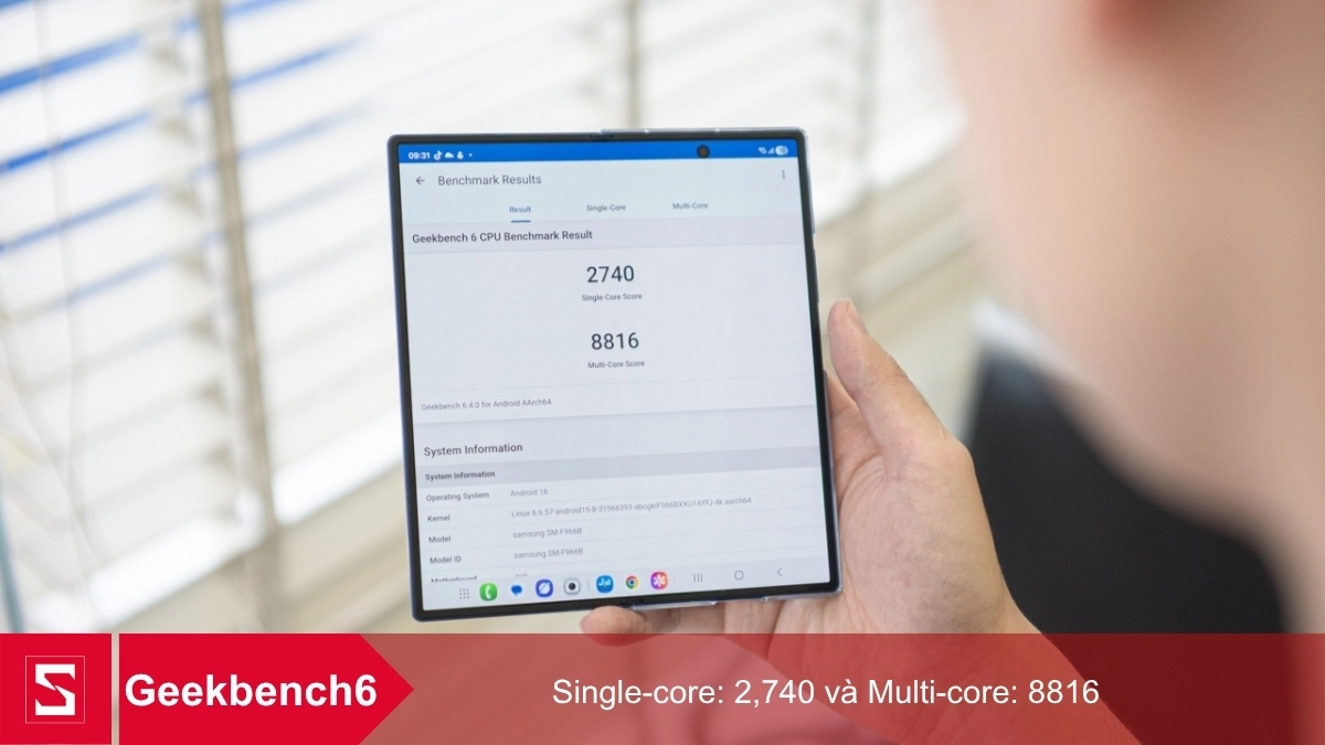 điện thoại Samsung Galaxy Z Fold 7 đạt 2.740 điểm đơn nhân và 8.816 điểm đa nhân Geekbench6