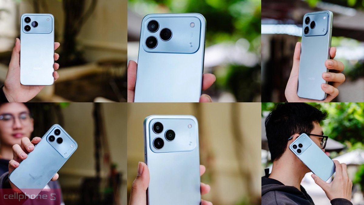 TECNO Spark 50 có thiết kế cứng cáp được thể hiện qua nhiều góc độ