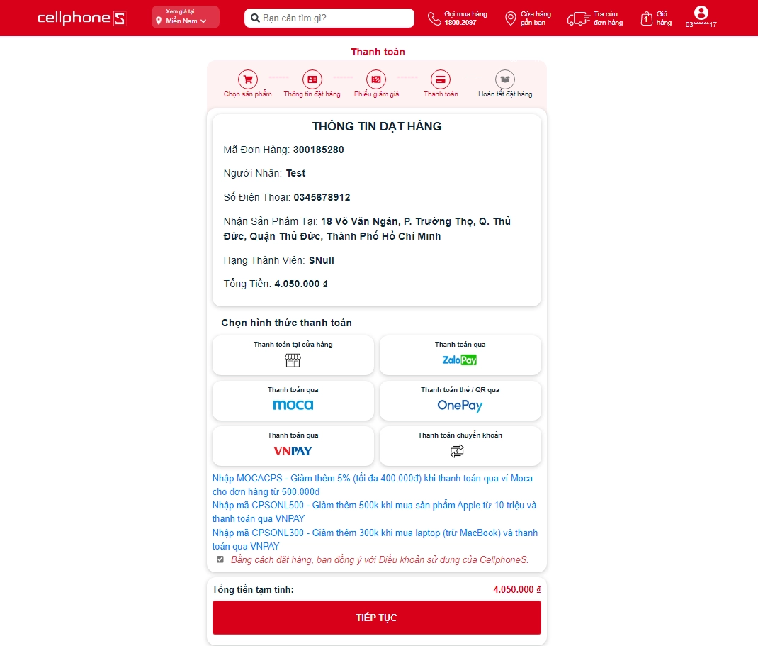 Chọn hình thức thanh toán