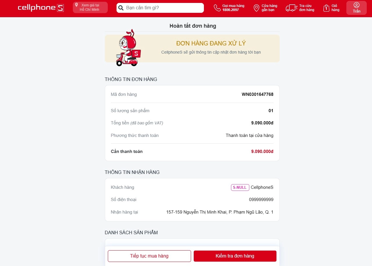 Đặt hàng thành công