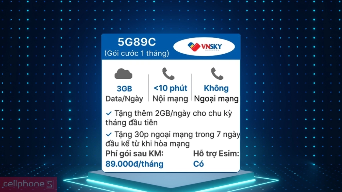 Kết nối mạng Sim 5G VNSKY 5G89C 3GB ngày Free 1 tháng