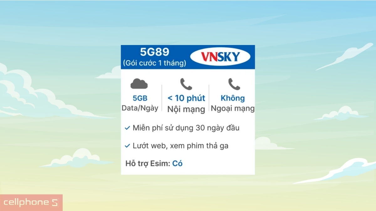 Data 4GB mỗi ngày và 500 phút gọi SIM 5G VNSKY 6T5G99C 4GB/ngày Free 6 tháng
