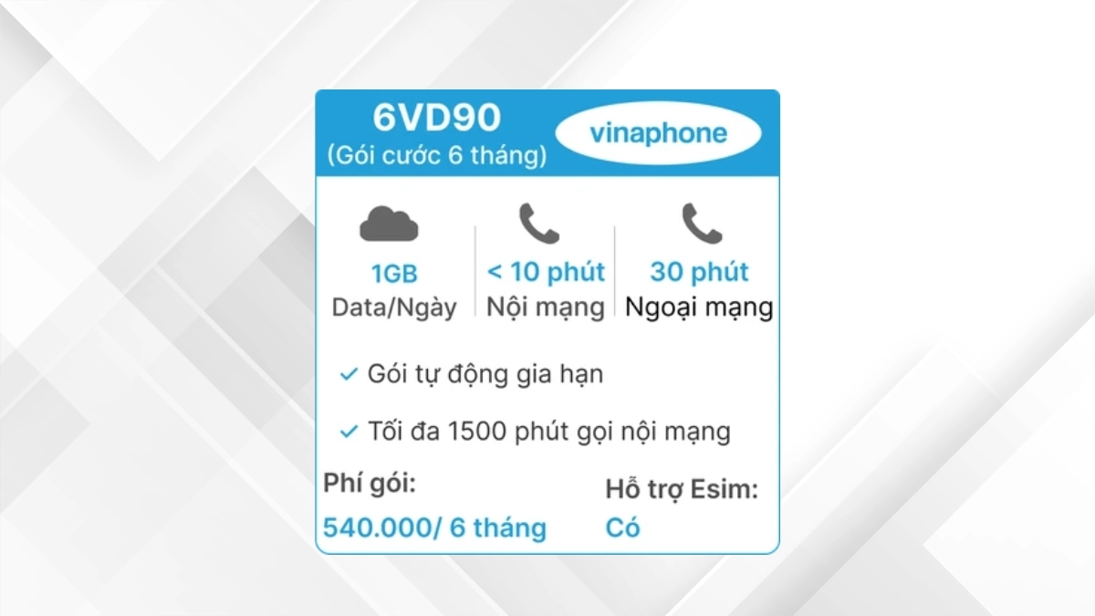 SIM 4G Vinaphone 6VD90 miễn phí gọi nội mạng 10 phút mỗi ngày