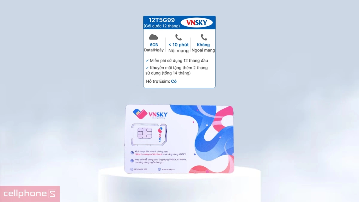 Thời gian sử dụng miễn phí của SIM 5G VNSKY 5G99 6GB/Ngày Free 12 tháng