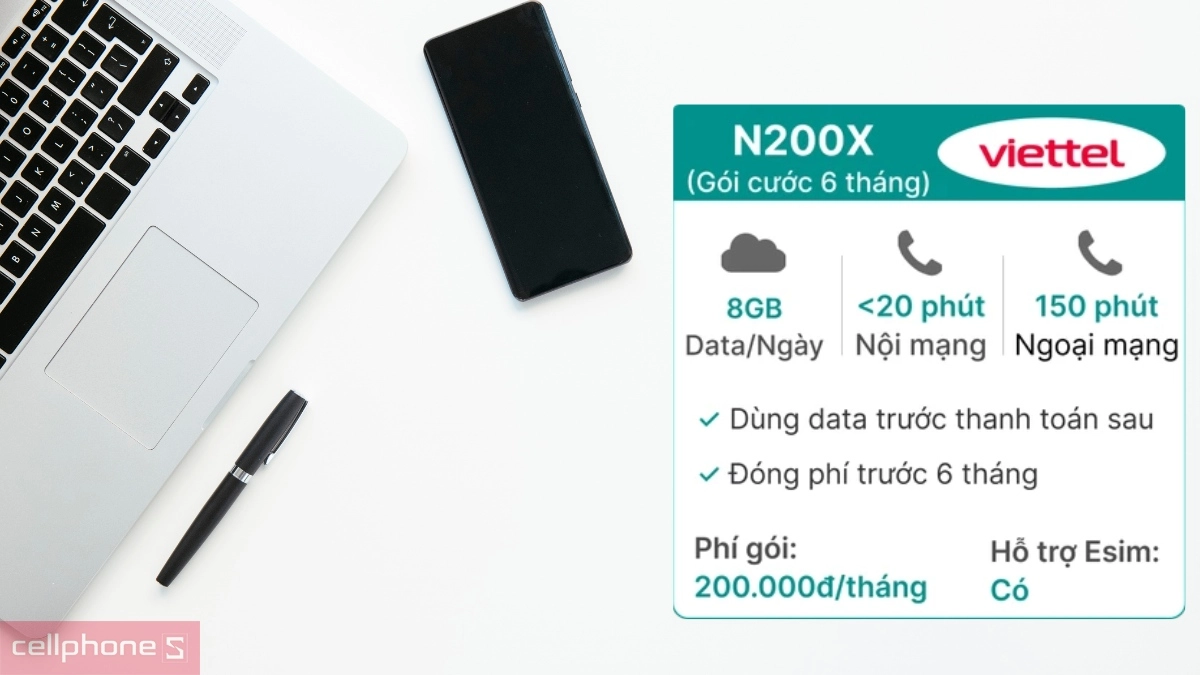 Data tốc độ cao 8GB/ngày trên Sim trả sau Viettel 5G N200X 8GB/ngày đóng phí 6 tháng