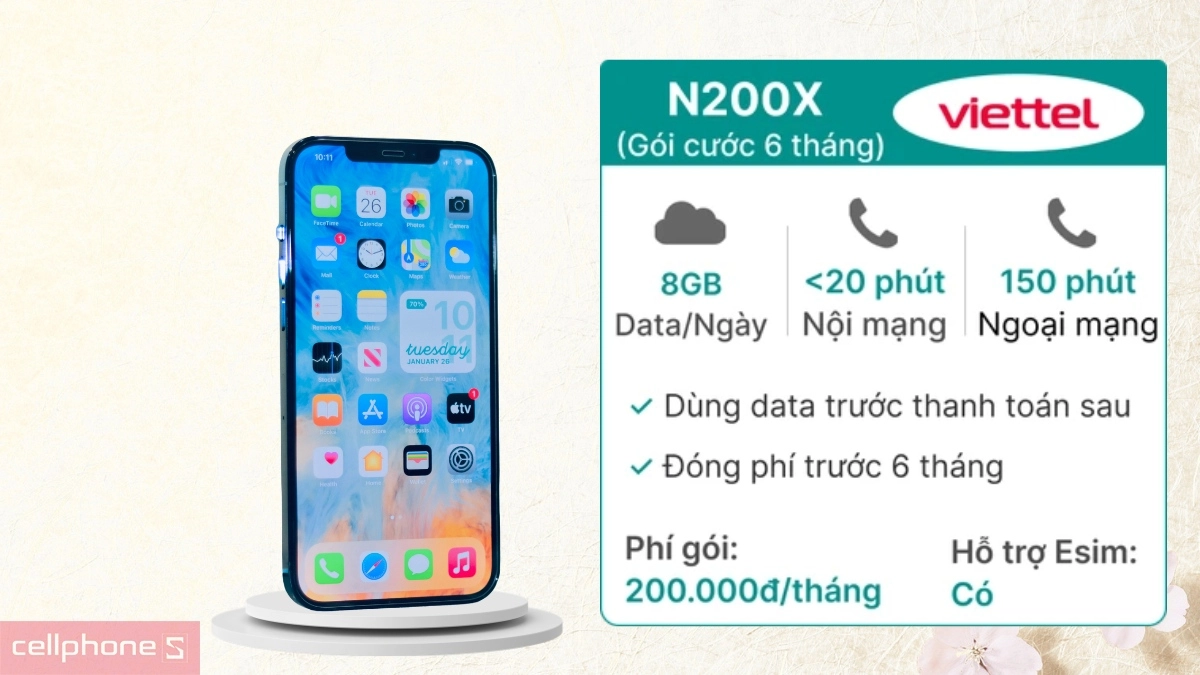 Thời gian sử dụng 6 tháng của Sim trả sau Viettel 5G N200X 8GB/ngày đóng phí 6 tháng