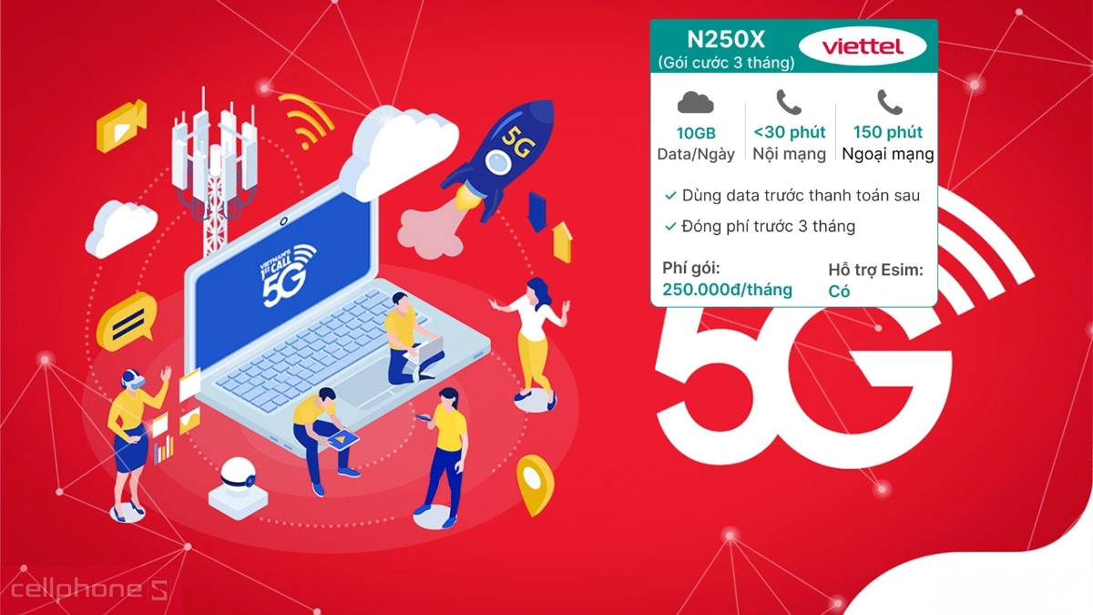 Dung lượng 10GB data mỗi ngày của Sim trả sau Viettel 5G N250X 10GB/ngày đóng phí 3 tháng