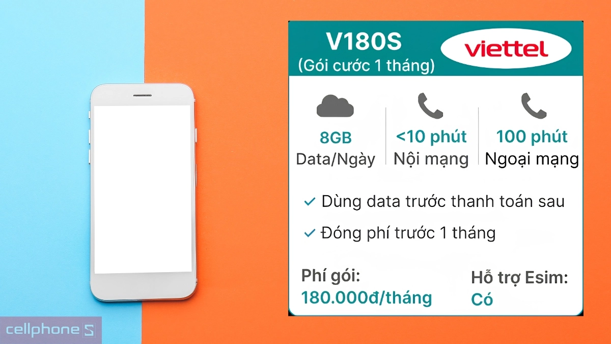 Công nghệ eSIM hiện đại trên Sim trả sau Viettel 5G V180S 8GB/ngày đóng phí 1 tháng