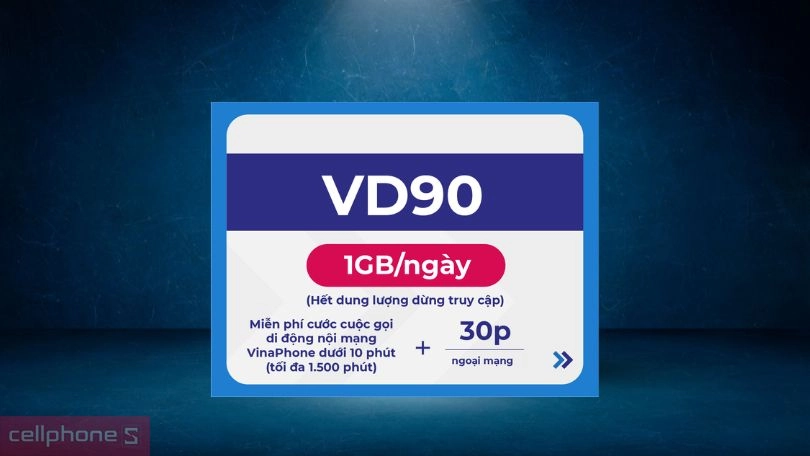 Sim 4G Vinaphone VD90 1GB data mỗi ngày, miễn phí cước gọi thả ga