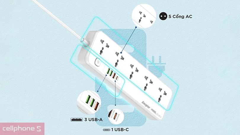 Chất lượng ổ cắm điện Energiner đa năng 5AC kèm 3USB-A và 1USB-C sạc nhanh