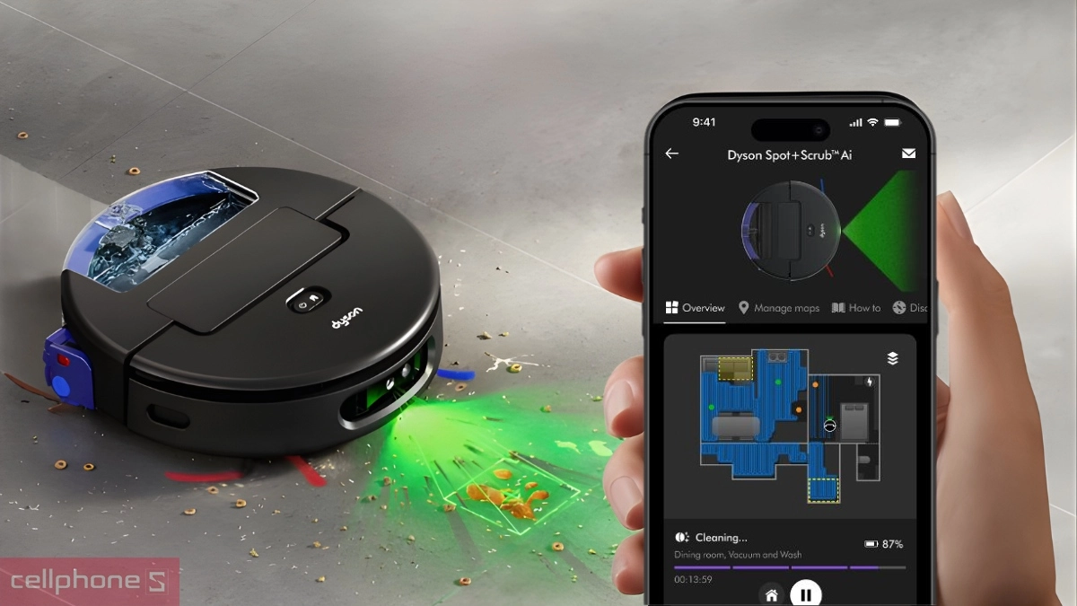 Điều khiển robot hút bụi lau nhà thông minh Dyson Spot Scrub AI qua app tiện lợi