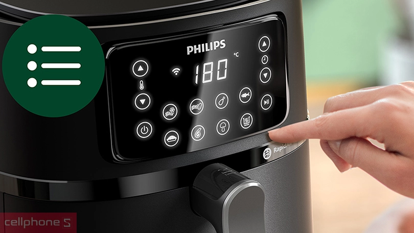 Nồi chiên không dầu Philips 7.2 lít HD9285/90 sử dụng công nghệ nấu Rapid Air, công suất lớn 2000W và được tích hợp 16 chương trình nấu cài đặt sẵn. Nồi có dung tích tổng 7.2 lít và dung tích giỏ chiên 1.4kg có thể nấu nhiều thức ăn cùng một lúc. Người dùng có thể điều chỉnh nhiệt độ chế biến từ 40 - 200 độ C, thời gian tối đa 60 phút. Vì sao nên mua nồi chiên không dầu Philips 7.2 lít HD9285/90? Nồi chiên không dầu Philips 7.2 lít HD9285/90 là thiết bị gia dụng cực kỳ hiện đại giúp gia đình bạn có những bữa ăn ngon và nhanh chóng. Sau đây là những lý sao bạn nên đầu tư sản phẩm cho gian bếp của mình: Dung tích lớn 7.2 lít: có thể nấu lượng lớn thức ăn cùng một lúc, phục vụ tốt cho gia đình đông người. Công suất lên đến 2000W: làm chín thức ăn nhanh chóng, giòn bên ngoài và chín đều bên trong. Tích hợp 16 chương trình cài đặt sẵn: được trang bị 16 chức năng nấu được cài đặt sẵn, phục vụ đa dạng món ăn. Nồi chiên không dầu Philips 7.2 lít HD9285/90 - Công suất mạnh mẽ, đa dạng tính năng Nồi chiên không dầu Philips 7.2 lít HD9285/90 đến từ thương hiệu gia dụng Philips nổi tiếng là sản phẩm được rất nhiều khách hàng ưa chuộng. Chiếc nồi được đánh giá cao bởi công suất mạnh mẽ, dung tích lớn, điều khiển đơn giản và được tích hợp nhiều chế độ nấu. Công suất mạnh mẽ 2000W, công nghệ Rapid Air Nồi chiên không dầu Philips 7.2 lít HD9285/90 sở hữu công suất mạnh mẽ lên đến 2000W. Nhờ đó, thiết bị có thể nấu chín thức ăn một cách nhanh chóng, góp phần tiết kiệm nhiều thời gian, công sức cho người nội trợ. noi-chien-khong-dau-philips-7-2-lit-hd9285-90-1 Chiếc nồi sử dụng công nghệ Rapid Air, tạo luồng nhiệt cường độ cao và phân bổ đều để làm thức ăn giòn bên ngoài, chín đều bên trong. Cũng nhờ công nghệ này, lượng chất béo trong thức ăn có thể giảm đến 90%, cực kỳ có ích cho sức khỏe người dùng. Dung tích lớn 7.2 lít, thiết kế sang trọng Nồi chiên không dầu Philips 7.2 lít HD9285/90 có dung tích tổng 7.2 lít và dung tích giỏ 1.4kg. Sản phẩm hoàn toàn đáp ứng tốt cho nhu cầu trong gia đình đông người, có thể chiên nướng gà nguyên con hay nhiều lượng thịt cùng lúc. noi-chien-khong-dau-philips-7-2-lit-hd9285-90-2 Chiếc nồi sở hữu thiết kế sang trọng với màu đen làm chủ đạo, dễ dàng hòa hợp trong gian bếp. Vỏ ngoài của nồi được hoàn thiện từ nhựa cao cấp cho khả năng chịu nhiệt tốt, lòng nồi kim loại được phủ lớp chống dính giúp người dùng dễ dàng vệ sinh. Màn hình cảm ứng hiện đại, tích hợp 16 chế độ nấu Nồi chiên không dầu Philips 7.2 lít HD9285/90 được tích hợp bảng điều khiển cảm ứng và màn hình hiển thị rất dễ thao tác. Người dùng có thể tùy chỉnh nhiệt độ từ 40 đến 200 độ C và thời gian nấu tối đa 60 phút. noi-chien-khong-dau-philips-7-2-lit-hd9285-90-3 Bên cạnh đó, chiếc nồi còn được tích hợp 16 chương trình cài đặt sẵn giúp tối ưu sự tiện lợi cho người dùng. Cụ thể là các chế độ như chiên, nướng, xào, rã đông, giữ ấm, phơi khô,... Hướng dẫn sử dụng nồi chiên không dầu Philips 7.2 lít HD9285/90 Bước 1: Lấy phích cắm của nồi và cắm vào nguồn điện, Đặt nồi chiên không dầu ở vị trí bằng phẳng, vững chắc và có khả năng chịu nhiệt. Bước 2: Kéo khay chiên ra khỏi thân nồi và đặt thức ăn đã đã sơ chế, tẩm ướp gia vị đầy đủ vào trong (lưu ý không vượt quá mức max). Tiếp đến, đưa khay chiên trở lại cho khớp với thân nồi. noi-chien-khong-dau-philips-7-2-lit-hd9285-90-4 Bước 3: Nhấn nút nguồn để khởi động thiết bị và chọn chế độ. Sử dụng các phím mũi tên lên xuống để tùy chỉnh nhiệt độ và thời gian. noi-chien-khong-dau-philips-7-2-lit-hd9285-90-5 Bước 4: Sau khi điều chỉnh xong, bấm nút nguồn để bắt đầu quá trình nấu. Khi hết thời gian, đồng hồ sẽ tự ngắt nhiệt và phát ra âm thanh thông báo. Bạn kéo khay đựng thức ăn xem tình trạng đã chín hay chưa. Để lấy thức ăn nhỏ như khoai tây chiên, bạn có thể nhấc giỏ ra khỏi nồi bằng cách trượt nắp và sau đó tháo giỏ. Bước 5: Lấy đồ ăn ra dĩa tô tuỳ ý. noi-chien-khong-dau-philips-7-2-lit-hd9285-90-6 Mua ngay nồi chiên không dầu Philips 7.2 lít HD9285/90 chính hãng, giá ưu đãi tại CellphoneS Nồi chiên không dầu Philips 7.2 lít HD9285/90 sẽ giúp cho việc nấu nướng của bạn trở nên đơn giản hơn bao giờ hết. Nếu ưng ý sản phẩm này, hãy đến CellphoneS để được sở hữu chiếc nồi chiên không dầu chính hãng với giá cả phải chăng nhé!