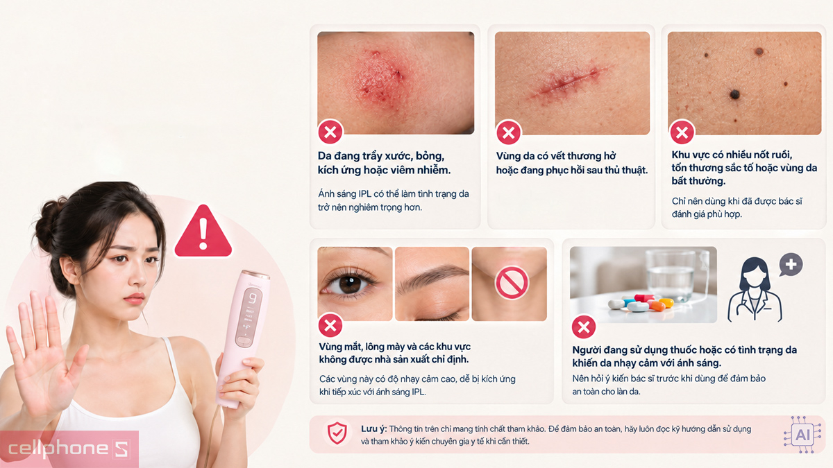 Những nhóm người dùng và vùng da cần tránh sử dụng máy triệt lông Emmié