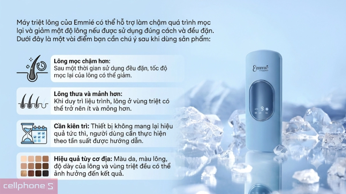 Máy triệt lông Emmié hỗ trợ giảm mật độ lông và làm chậm quá trình mọc lại