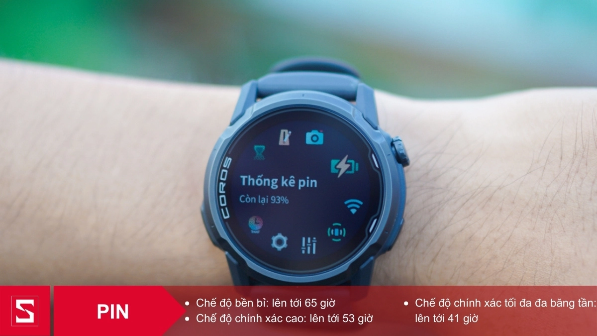 Đồng hồ thông minh Coros Apex 4 sở hữu pin GPS mạnh mẽ với thời gian sử dụng liên tục lên đến 65 giờ ở chế độ GPS và duy trì trong khoảng 24 ngày