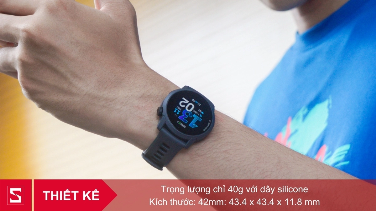 Đồng hồ thông minh COROS Pace 4 có kích thước 42mm, trọng lượng 40g, dây silicone