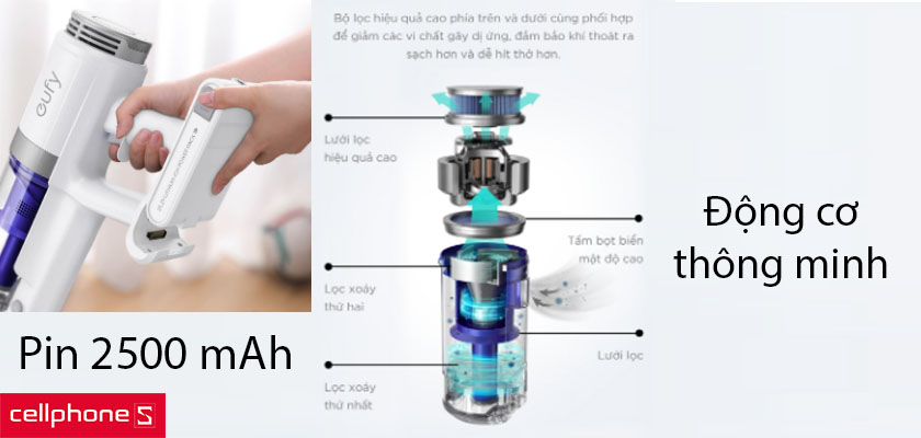 Động cơ Dual-Vortex thông minh, pin 2500 mAh