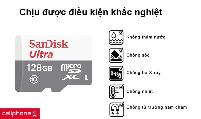 Thẻ nhớ Micro SD Sandisk Class 10 128GB chịu được những điều kiện khắc nghiệt