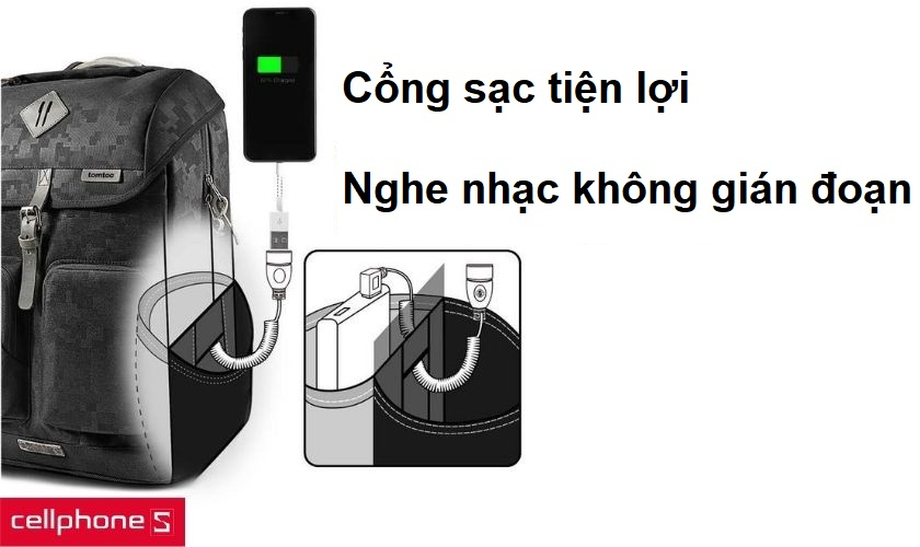 Cổng sạc nằm bên hông balo chống nước, khả năng phát nhạc liên tục