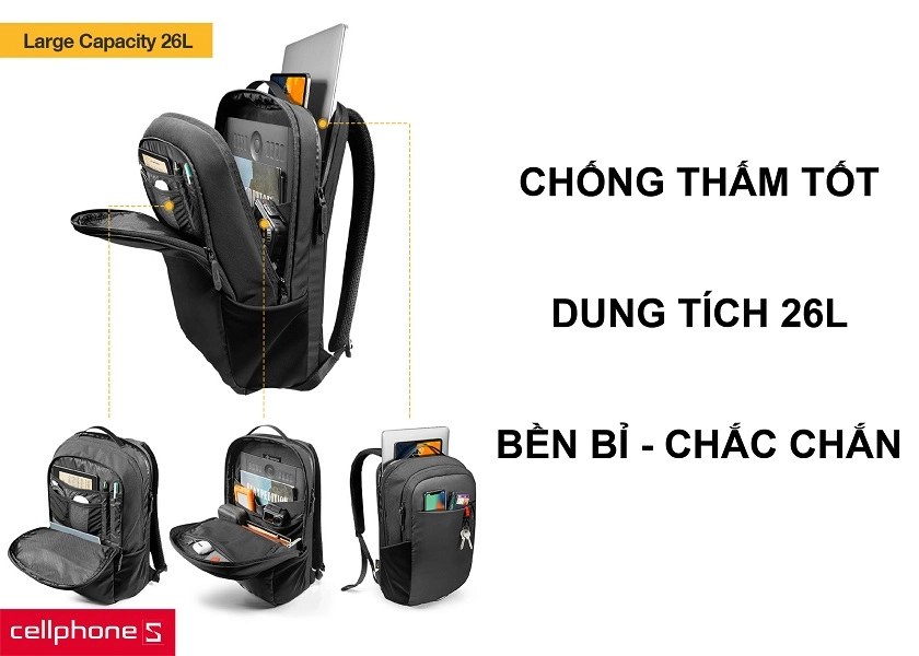 Chất vải cao cấp chống thấm cực tốt cùng khả năng chứa đồ dung tích lên đến 26 lít