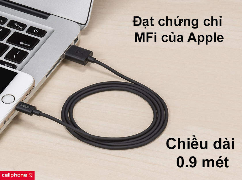 Đạt chứng chỉ MFi của Apple, chiều dài 0.9m phù hợp nhiều nhu cầu sử dụng