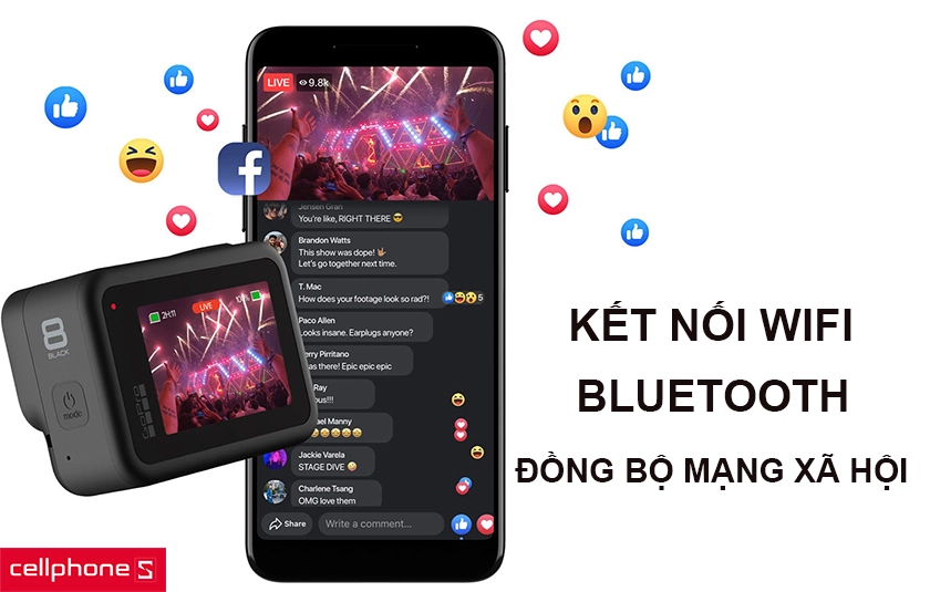 Kết nối Wi-Fi, Bluetooth qua ứng dụng GoPro, hỗ trợ mic khử tiếng ồn
