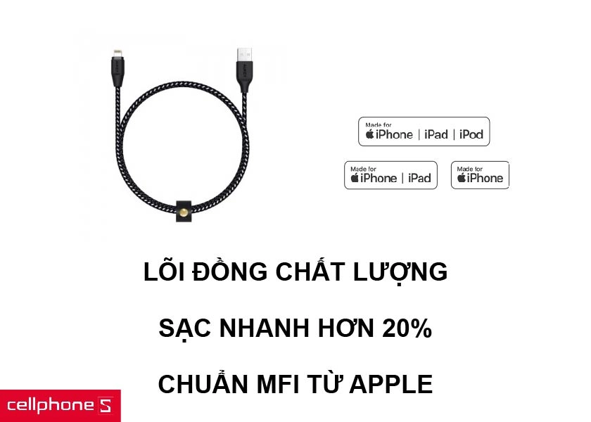 Lõi đồng cho khả năng sạc nhanh hơn 20% cùng tiêu chuẩn MFI đến từ Apple