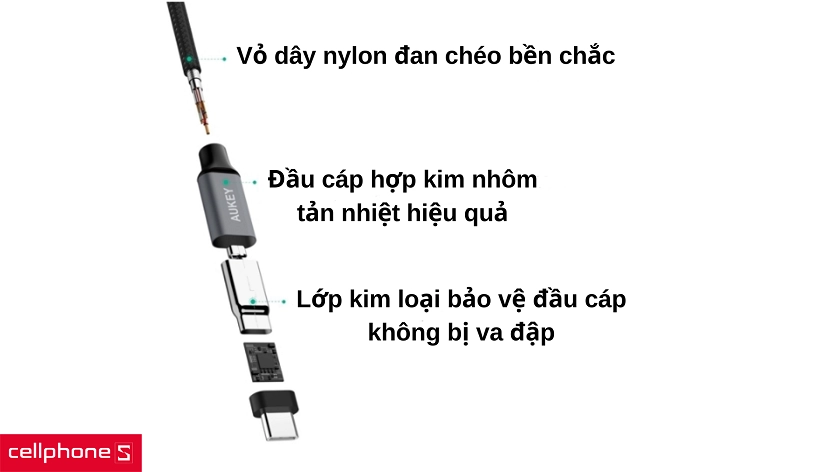 Đầu kết nối làm từ hợp kim nhôm, chất liệu dây nylon đan chéo giúp tăng độ bền bỉ
