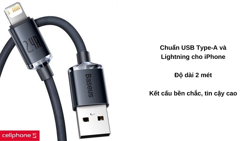 Cáp sạc Baseus Crystal Shine USB-A sang Lightning 2 mét 
