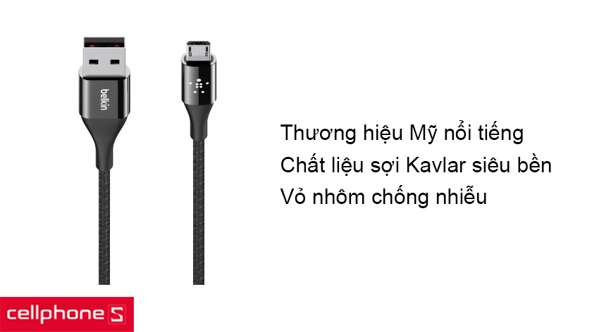 Thương hiệu Belkin nổi tiếng với cáp sạc chất liệu vỏ nhôm, sợi Kevlar độ bền cao