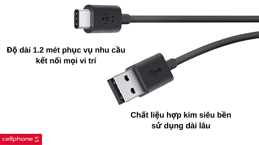 Độ dài 1.2 mét, chất liệu hợp kim siêu bền giữ cáp vững chắc khi kết nối
